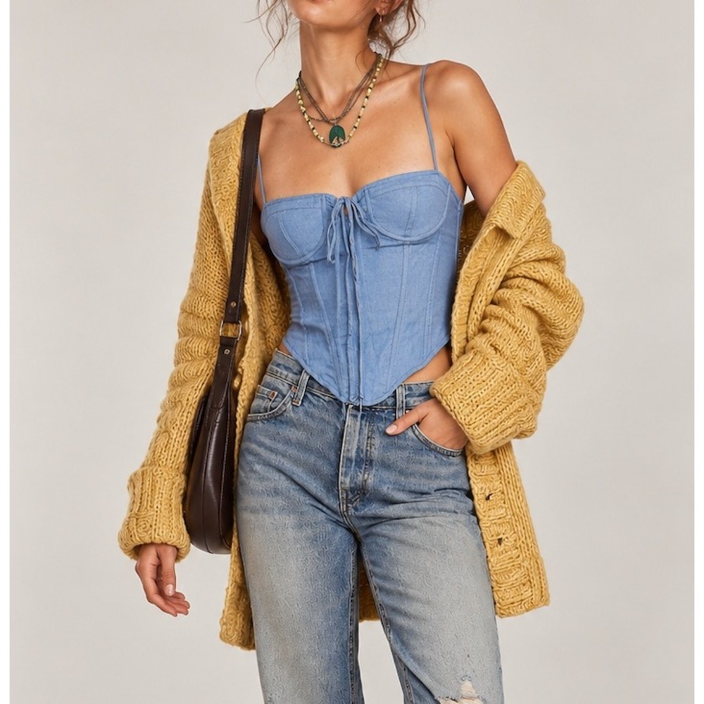 Linen Blend Bustier Corset Womens Top Underwire Milkmaid‎ Tie Front Boho Fairy S